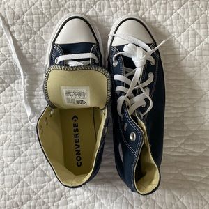 Brand new.  Never worn.  Converse navy blue high tops